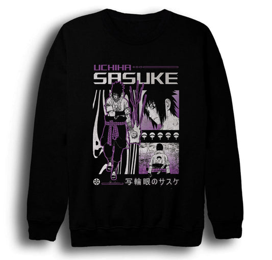 Naruto - Sasuke Uchiha - Anime Baskılı Unisex %100 Pamuk Bisiklet Yaka Siyah Sweatshirt