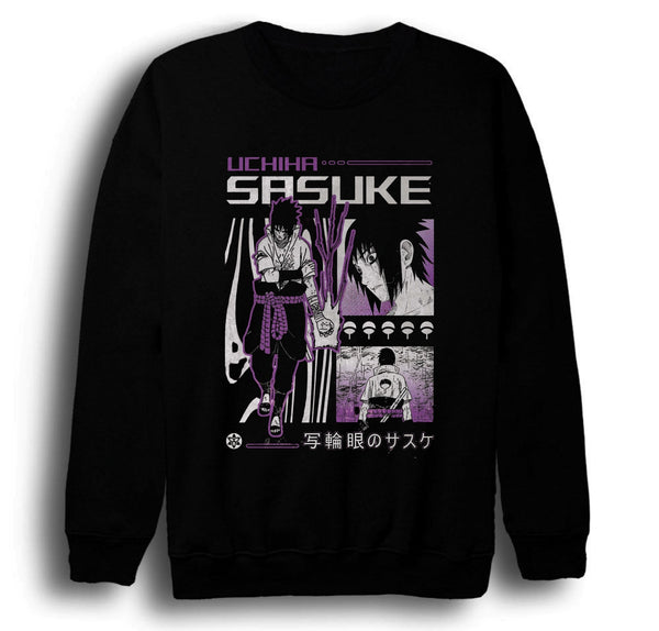 Naruto - Sasuke Uchiha baskılı siyah sweatshirt