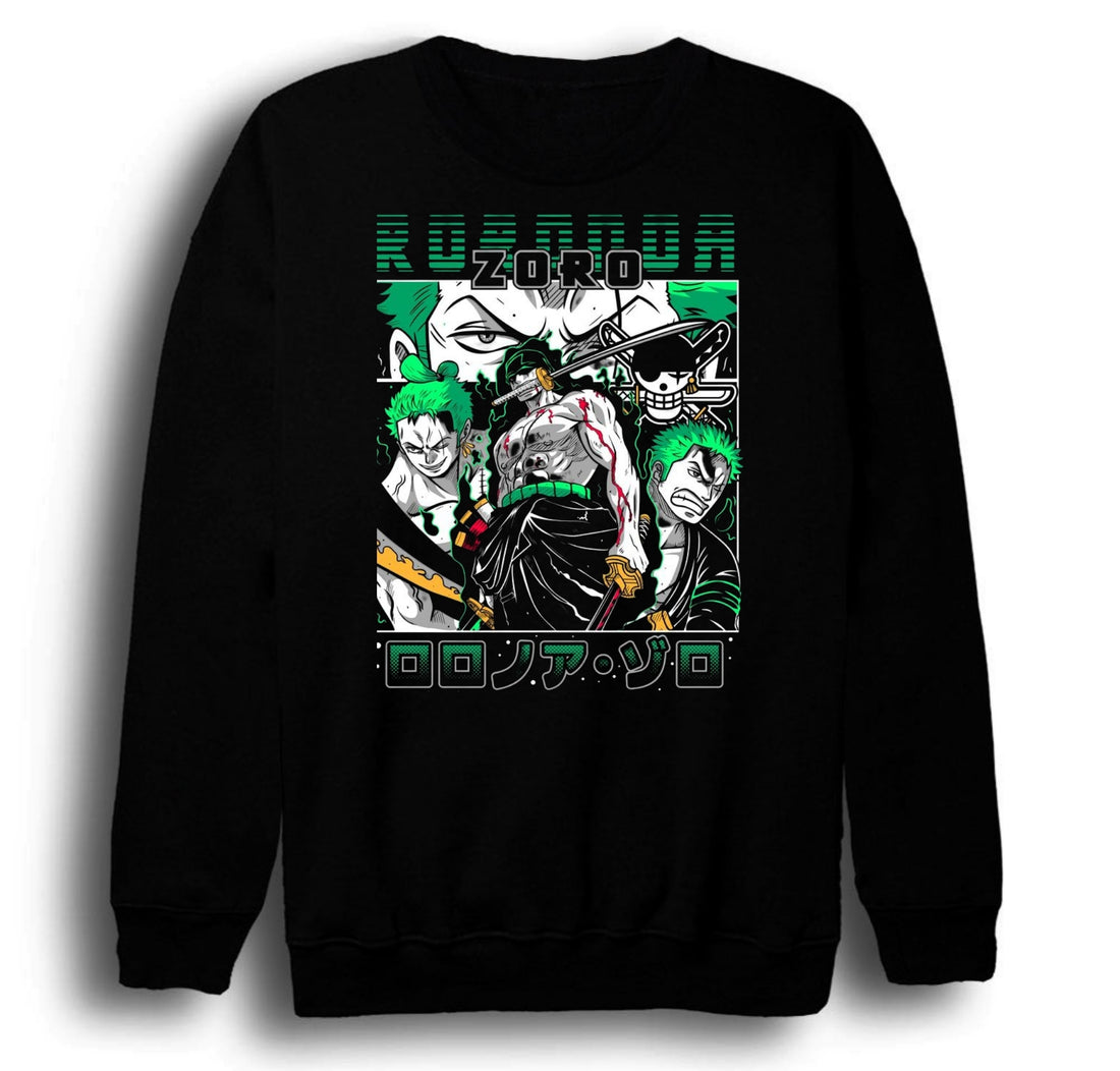One Piece - Ronoa Zoro Roronoa yeşil baskılı siyah sweatshirt