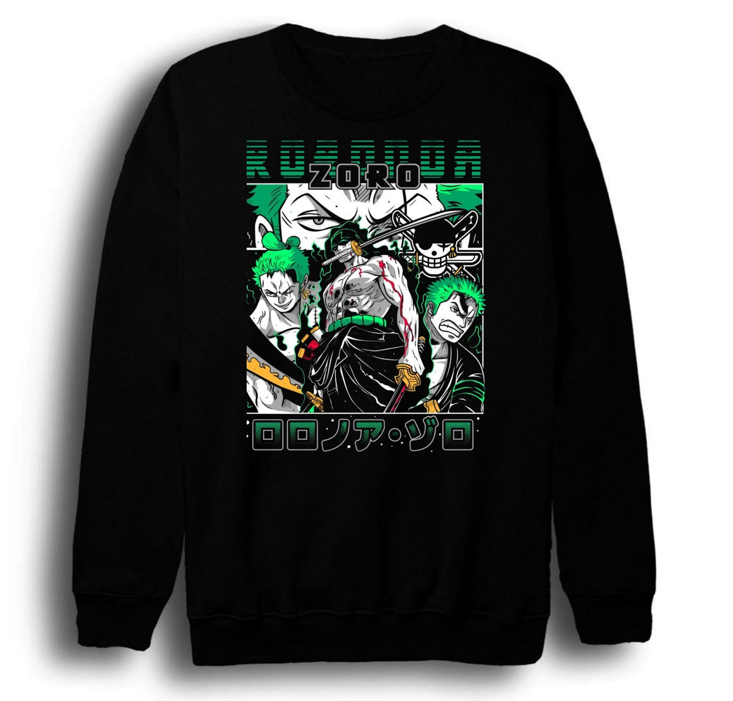 One Piece - Ronoa Zoro - Anime Baskılı Unisex %100 Pamuk Bisiklet Yaka Siyah Sweatshirt
