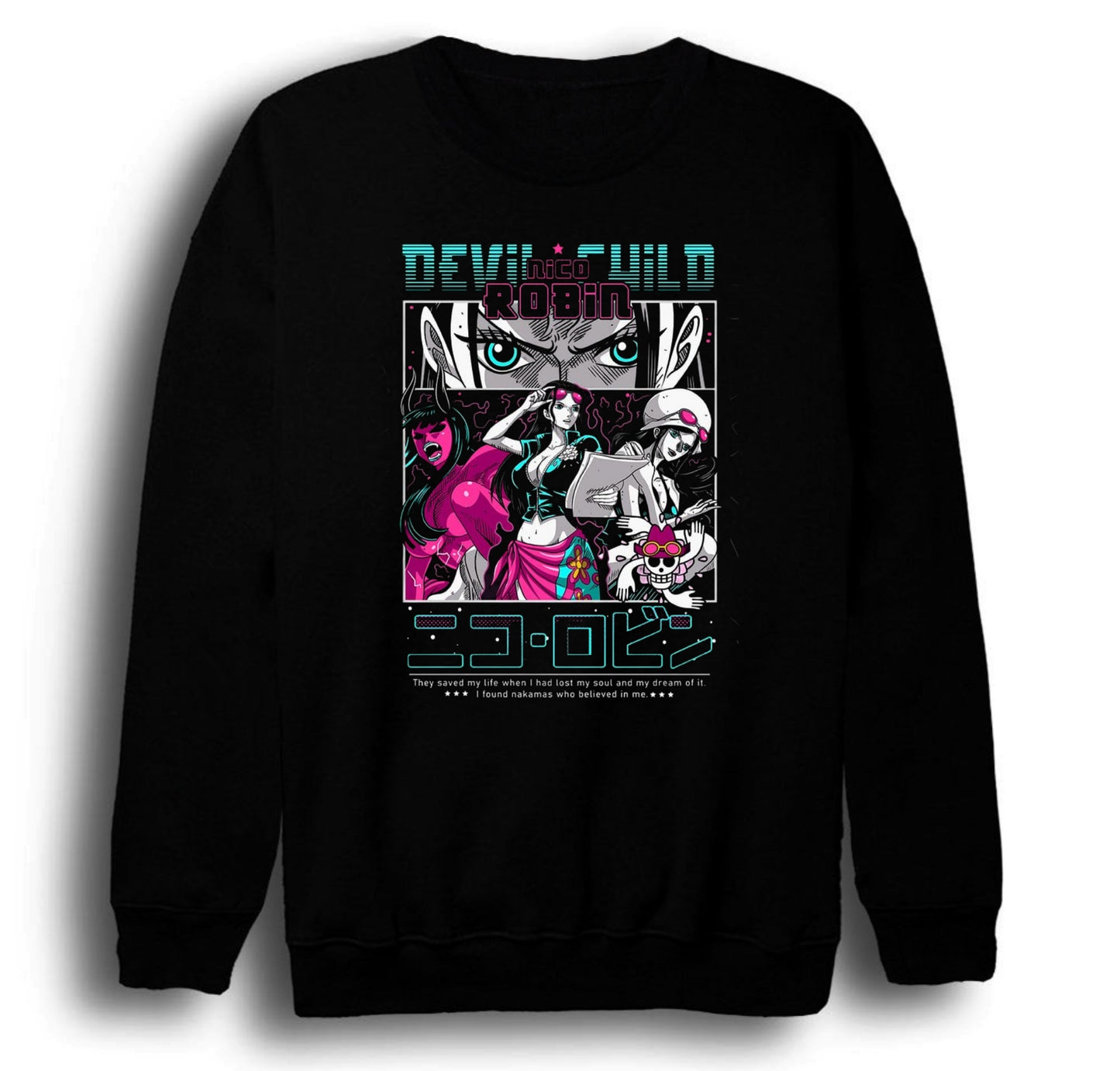 One Piece - Nico Robin Devild Child - Anime Baskılı Unisex %100 Pamuk Bisiklet Yaka Siyah Sweatshirt