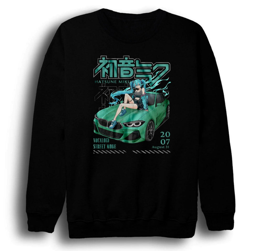 Hatsune Miku Anime Yeşil spor otomobil baskılı siyah sweatshirt