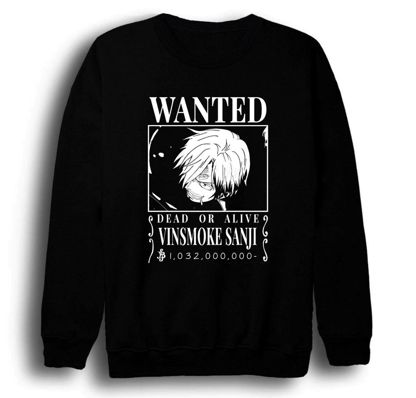 One Piece - Vinsmoke Sanji - Anime Baskılı Unisex %100 Pamuk Bisiklet Yaka Siyah Sweatshirt