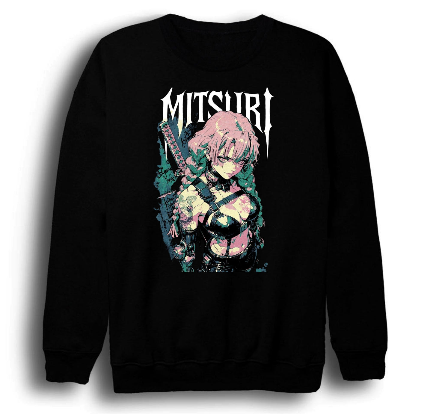 Demon Slayer - Mitsuri Kanroji - Anime Baskılı Unisex %100 Pamuk Bisiklet Yaka Siyah Sweatshirt