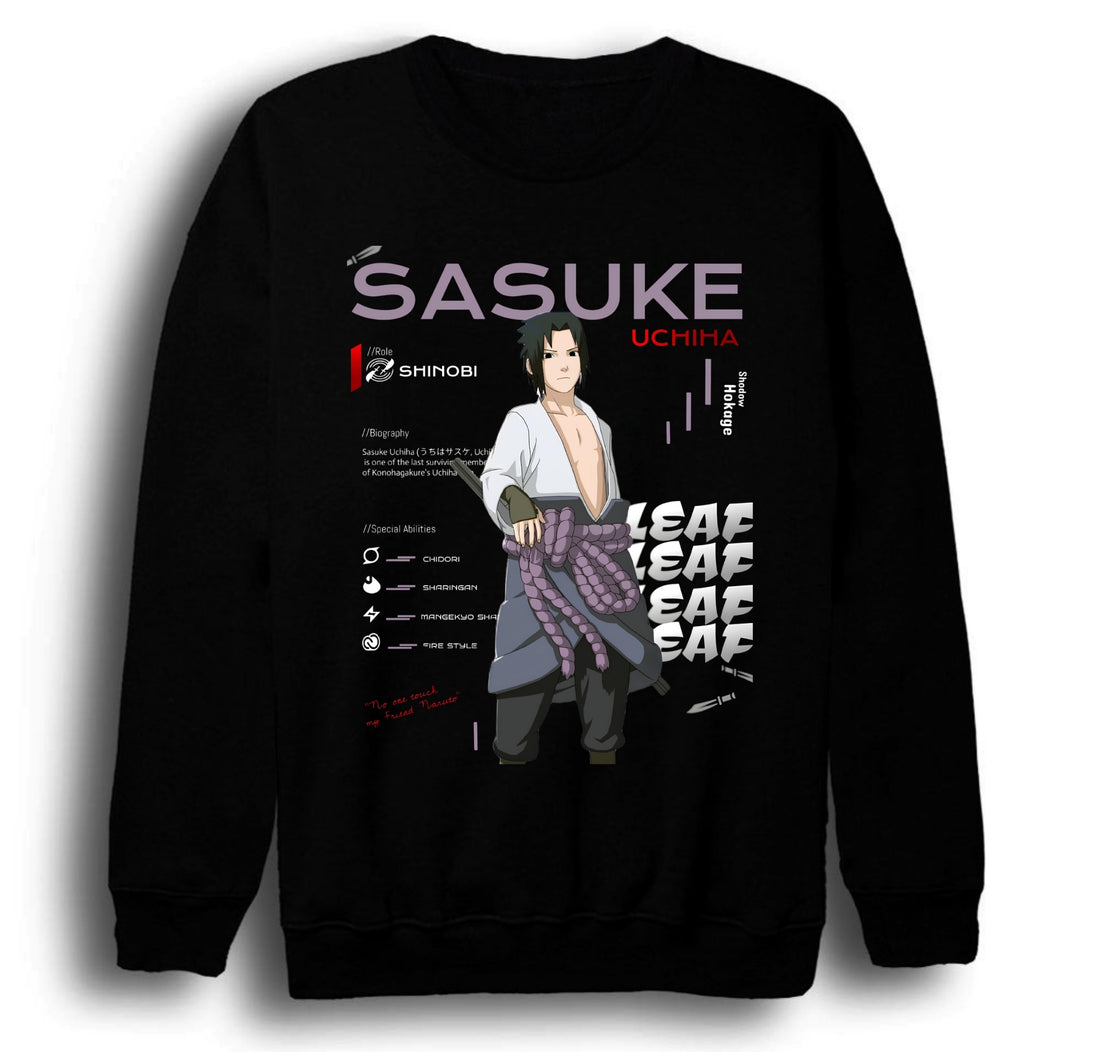 Naruto - Sasuke Uchiha baskılı siyah sweatshirt