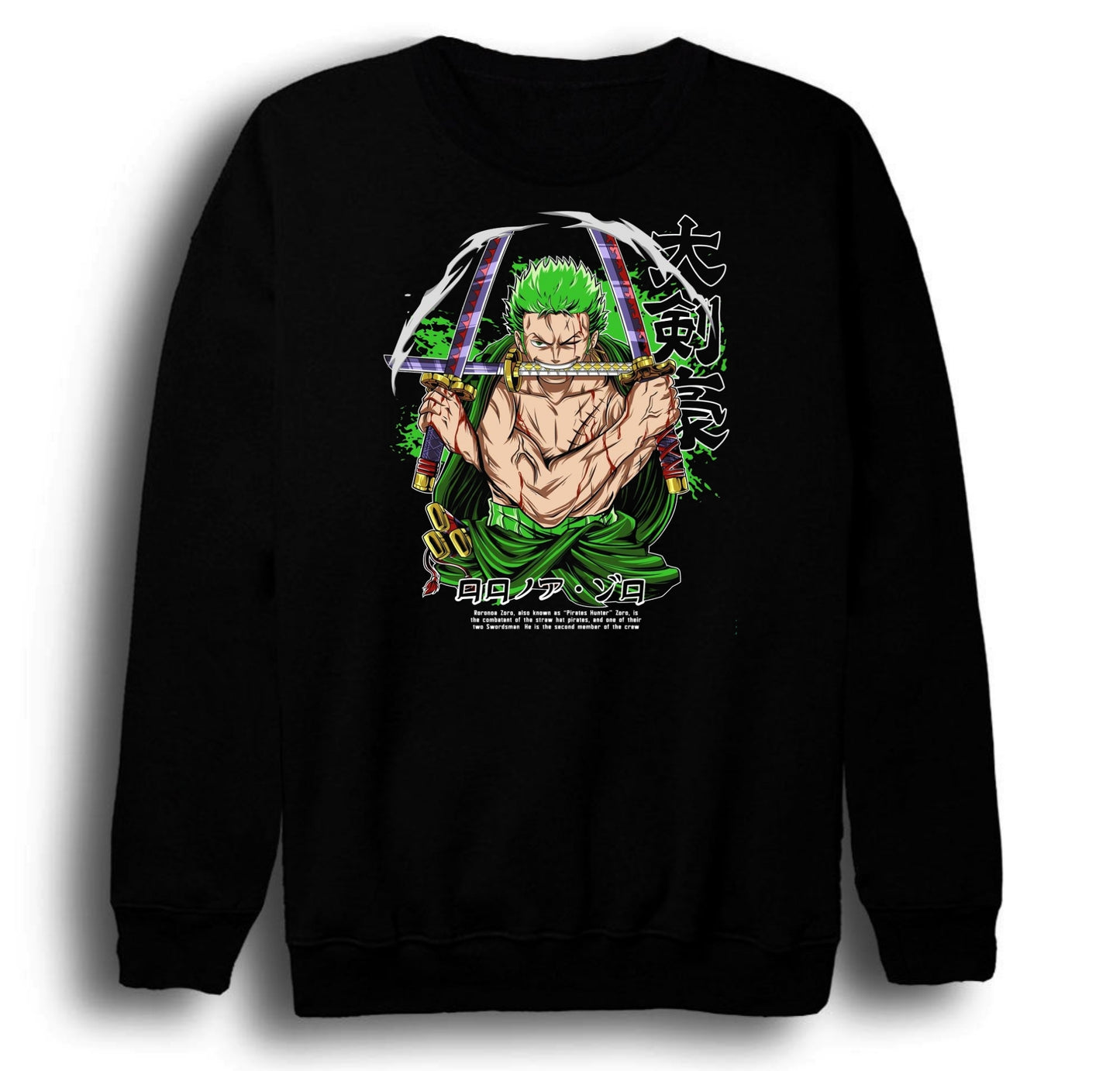 One Piece - Ronoa Zoro - Anime Baskılı Unisex %100 Pamuk Bisiklet Yaka Siyah Sweatshirt