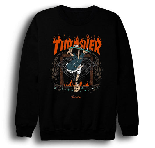 Thrasher - Kaykay Baskılı Unisex %100 Pamuk Bisiklet Yaka Siyah Sweatshirt
