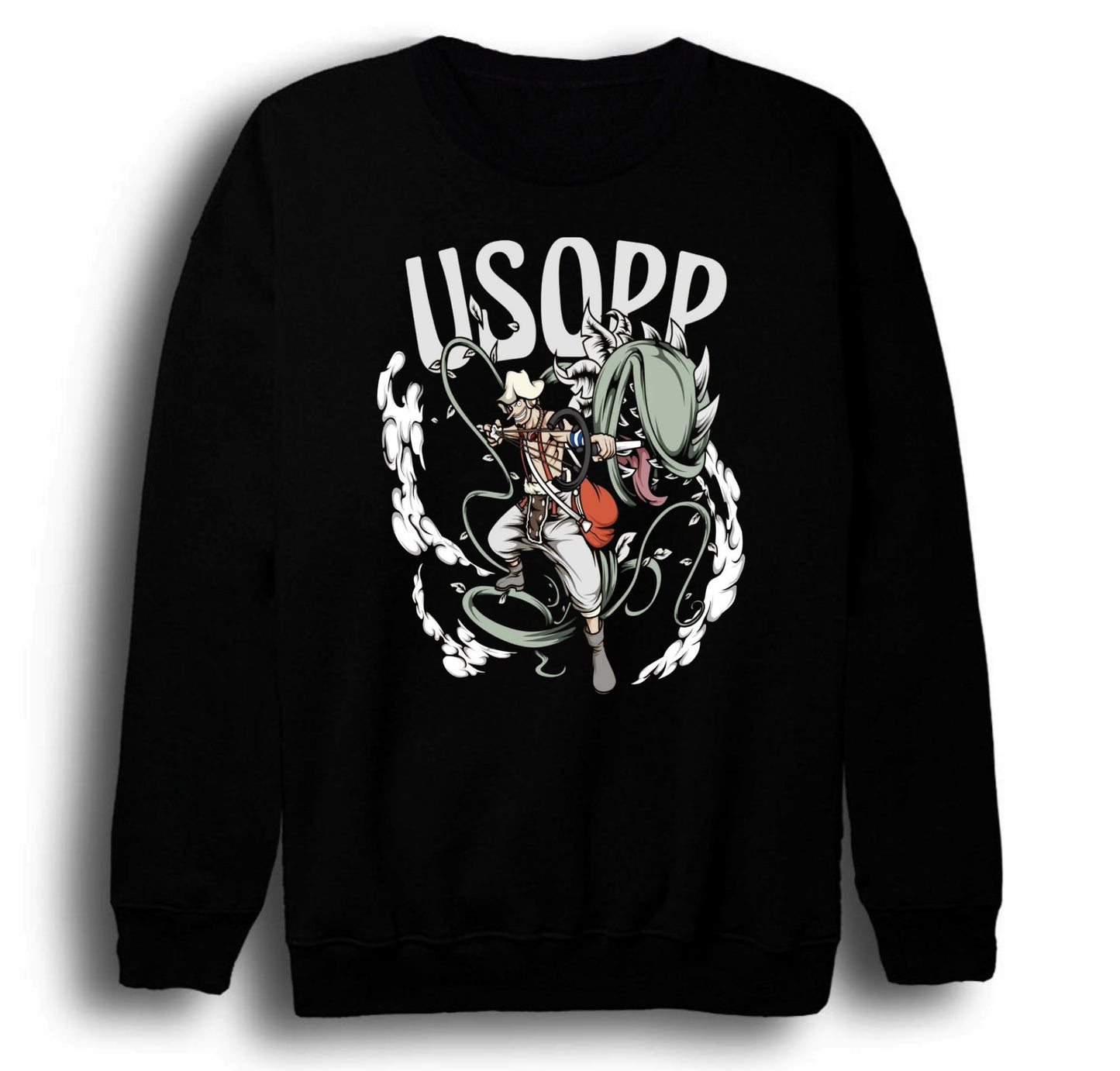 One Piece - Usopp - Anime Baskılı Unisex %100 Pamuk Bisiklet Yaka Siyah Sweatshirt
