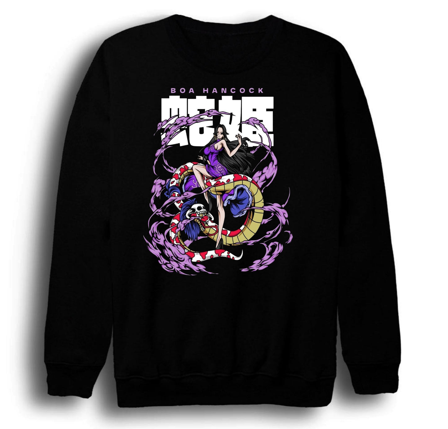 One Piece - Boa Hancock - Anime Baskılı Unisex %100 Pamuk Bisiklet Yaka Siyah Sweatshirt