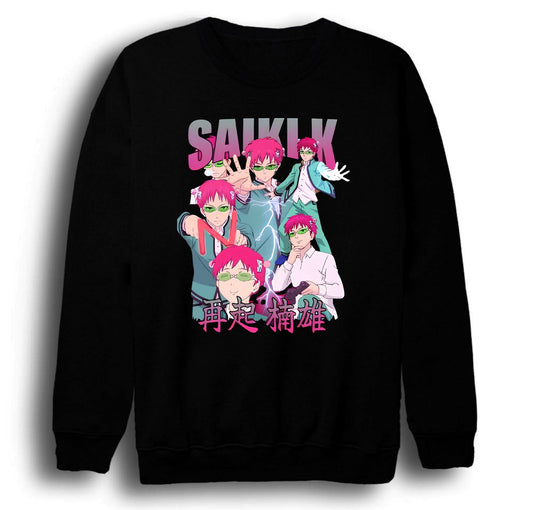 Saiki Kusuo - no Ψ Nan - Anime Baskılı Unisex %100 Pamuk Bisiklet Yaka Siyah Sweatshirt