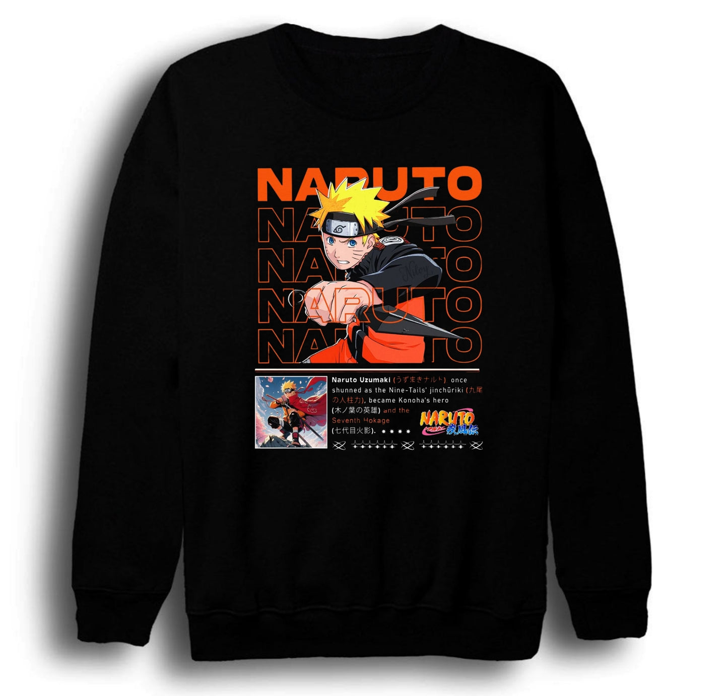 Naruto - Naruto Uzumaki - Anime Baskılı Unisex %100 Pamuk Bisiklet Yaka Siyah Sweatshirt