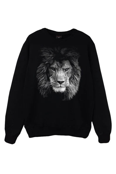 Aslan Siyah-beyaz gerçekçi başı baskılı siyah sweatshirt