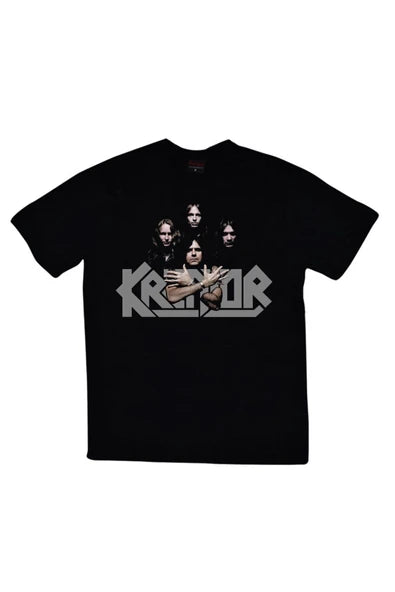 Kreatör Logosu ve grup fotoğrafı baskılı siyah tişört