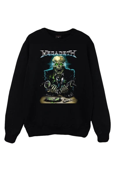Megadeth Logosu ve Vic Rattlehead baskılı siyah sweatshirt