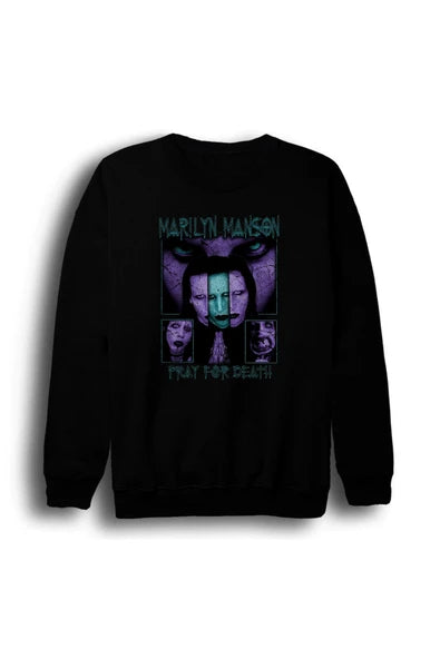 fame-stoned Marilyn Manson Baskılı Unisex %100 Pamuk Bisiklet Yaka Siyah Sweatshirt