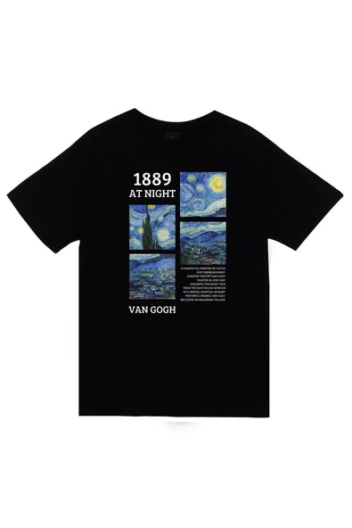 Vincent Van Gogh Yıldızlı Gece tablosu panelleri baskılı siyah tişört