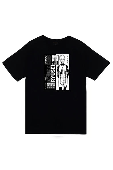 fame-stoned  Blue Lock, Shidou Ryusei Anime Baskılı Unisex %100 Pamuk Siyah T-shirt