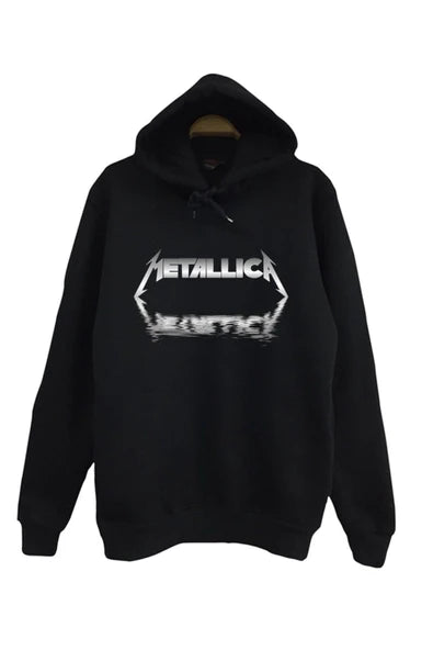 Metallica Krom logo ve yansıma baskılı siyah kapüşonlu sweatshirt