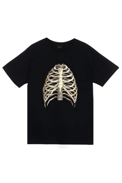 fame-stoned  Unisex Siyah İskelet Rib Cage Kurukafa Baskılı T-shirt