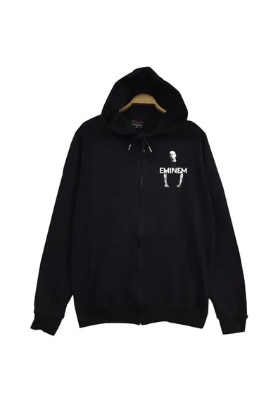Emınem baskılı siyah kapüşonlu sweatshirt