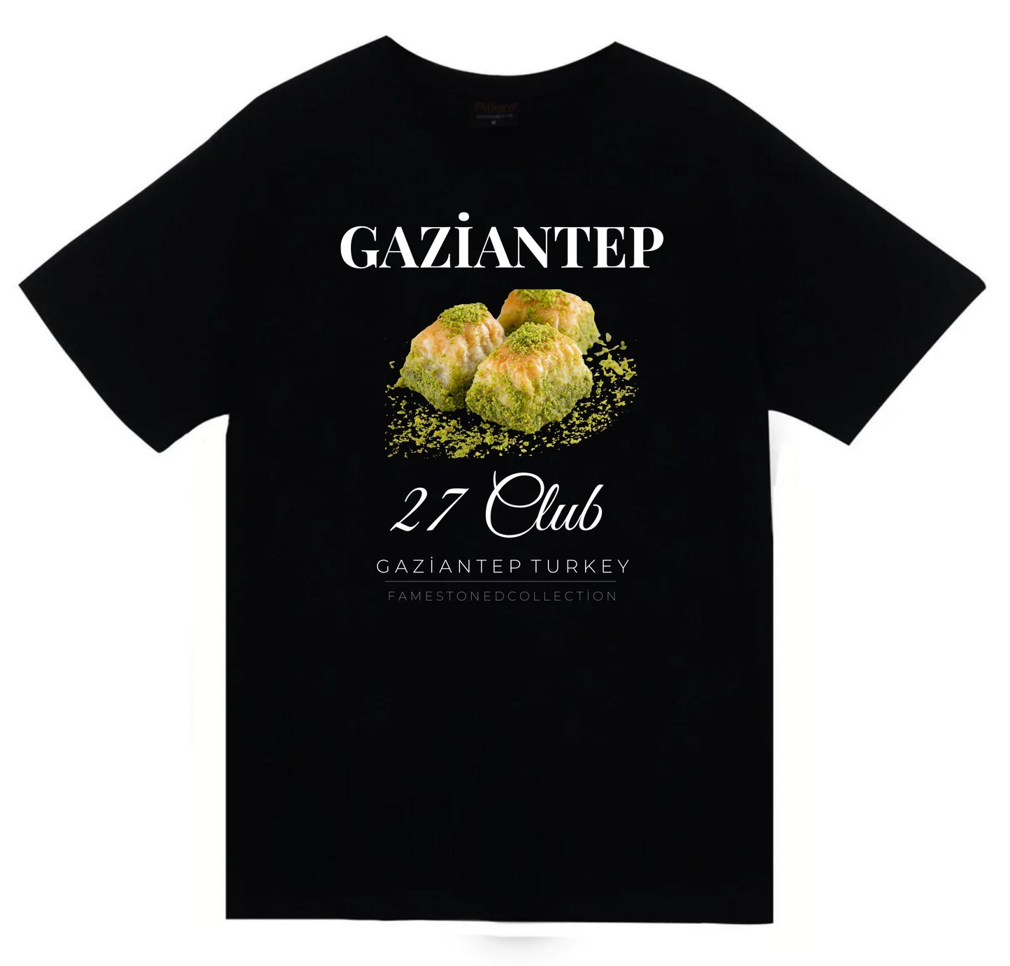Gaziantep - 27 - Baklava - Antep Fıstığı Baskılı Unisex %100 Pamuk Siyah T-shirt