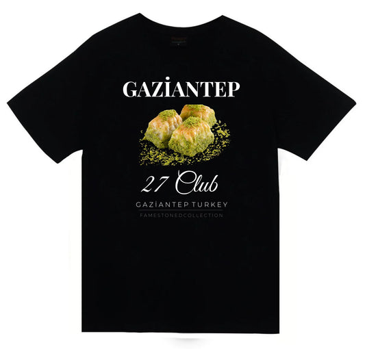Gaziantep - 27 - Baklava - Antep Fıstığı Baskılı Unisex %100 Pamuk Siyah T-shirt
