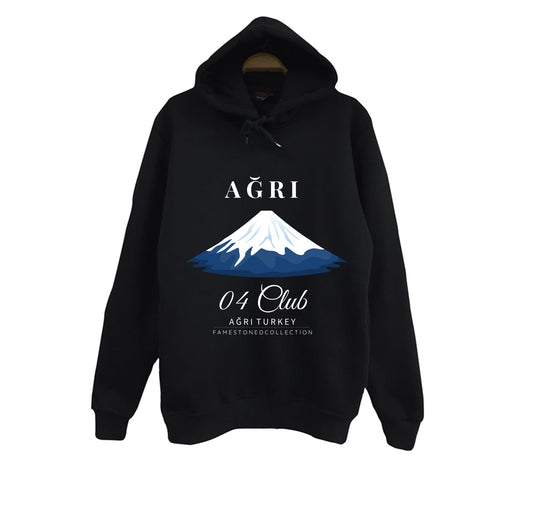 Ağrı - 04 - Dağ - Ağrı Dağı - Şehir Baskılı Unisex %100 Pamuk Kapüşonlu Siyah Sweatshirt