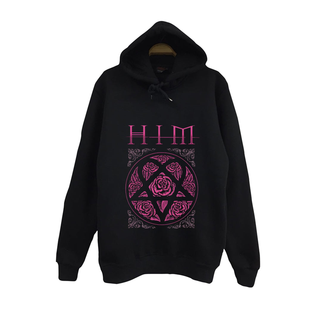 Him Pembe Heartagram amblemi baskılı siyah kapüşonlu sweatshirt