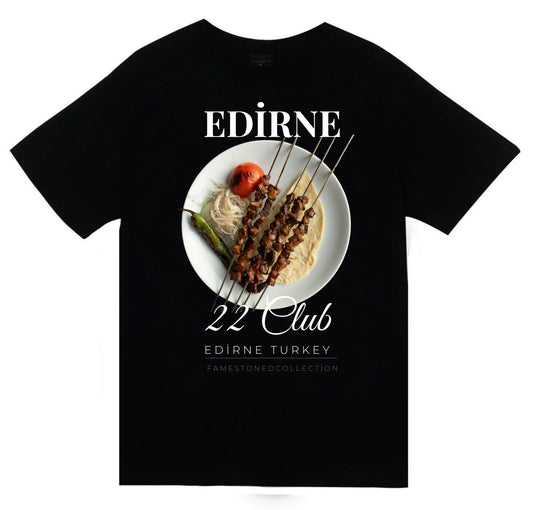 Edirne - 22 - Selimiye - Tava Ciğer - Şehir Baskılı Unisex %100 Pamuk Siyah T-shirt