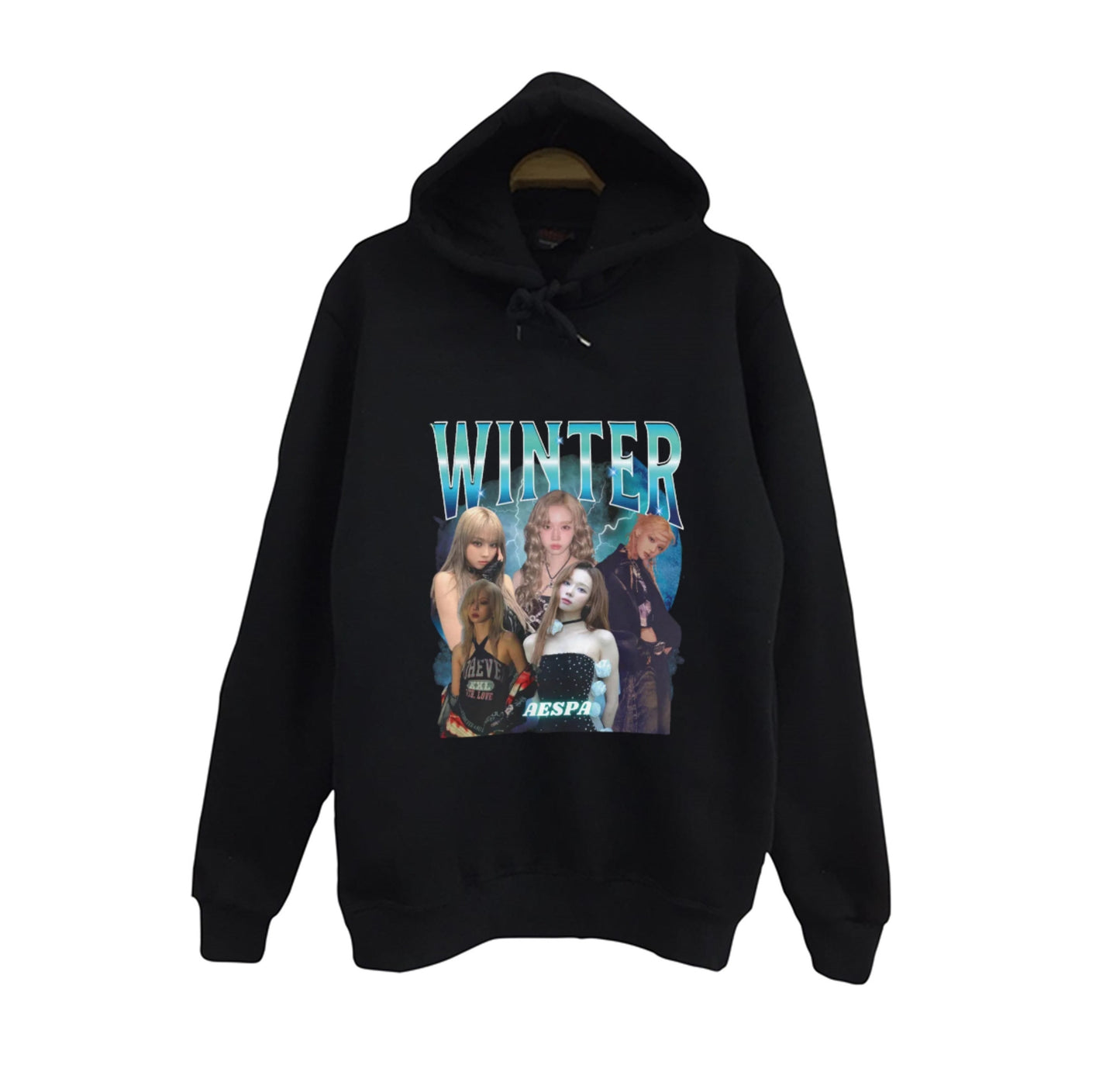 Aespa - Winter - K-Pop Baskılı Unisex %100 Pamuk Kapüşonlu Siyah Sweatshirt