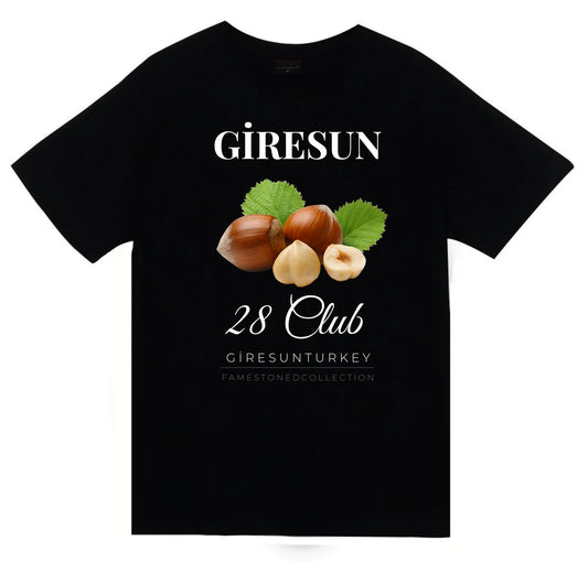 Giresun - 28 - Fındık - Ada - Şehir Baskılı Unisex %100 Pamuk Siyah T-shirt