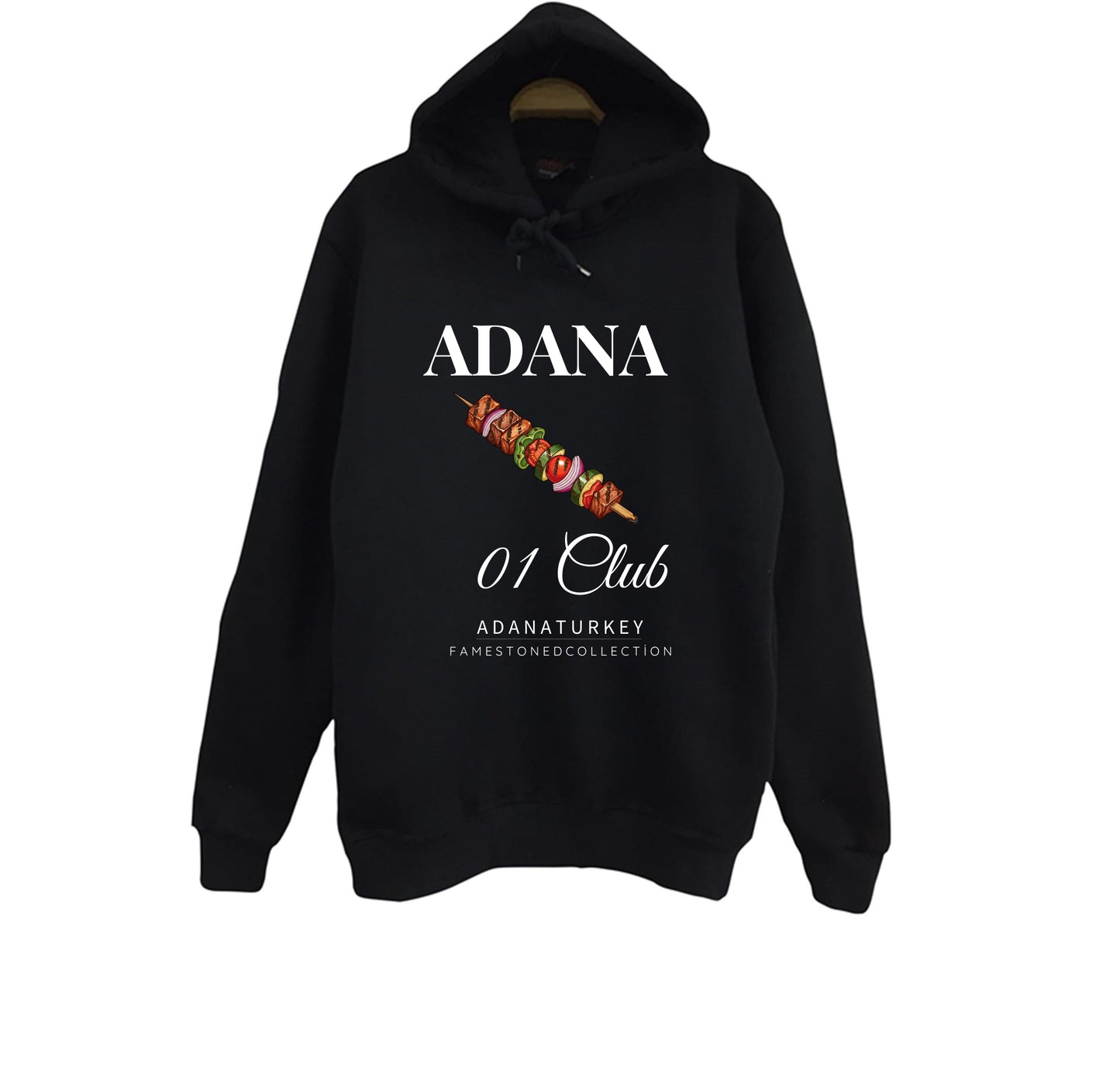 Adana - 01 - Kebap - Şehir Baskılı Unisex %100 Pamuk Kapüşonlu Siyah Sweatshirt