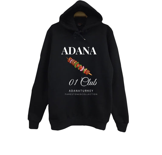 Adana - 01 - Kebap - Şehir Baskılı Unisex %100 Pamuk Kapüşonlu Siyah Sweatshirt
