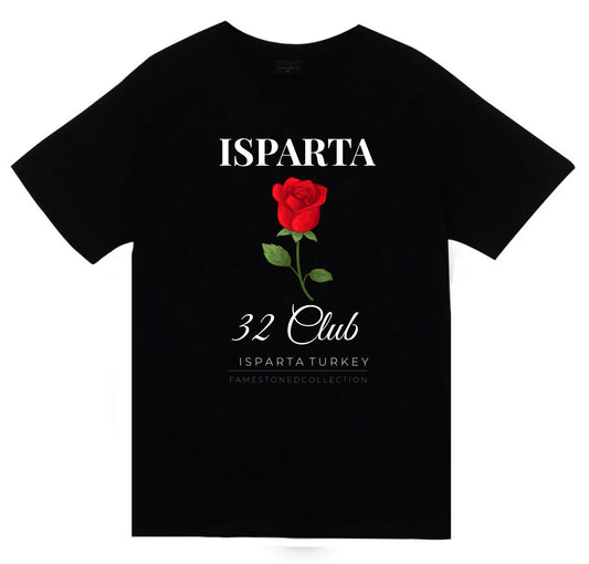 Isparta - 32 - Gül - Lavanta - Şehir Baskılı Unisex %100 Pamuk Siyah T-shirt