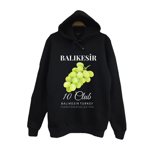 Balıkesir 10 Üzüm - Meyve - Sahil - Beach Şehir Baskılı Unisex %100 Pamuk Kapüşonlu Siyah Sweatshirt