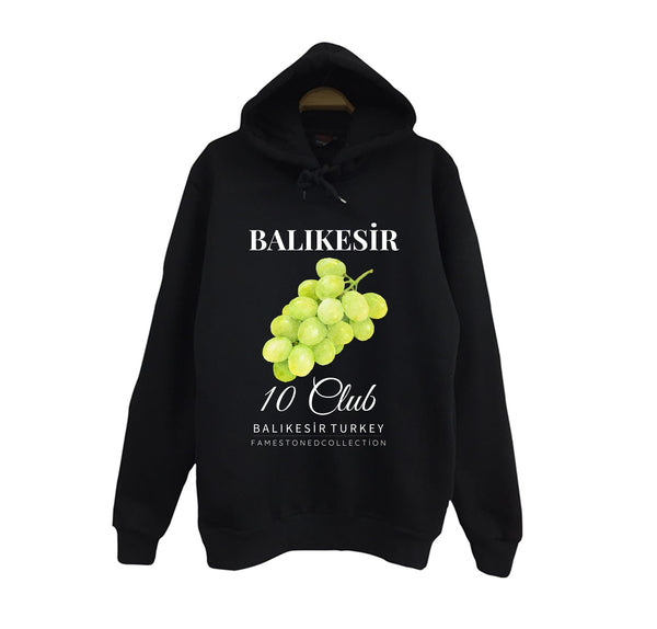 Balıkesir 10 Üzüm - Meyve - Sahil - Beach Şehir baskılı siyah kapüşonlu sweatshirt