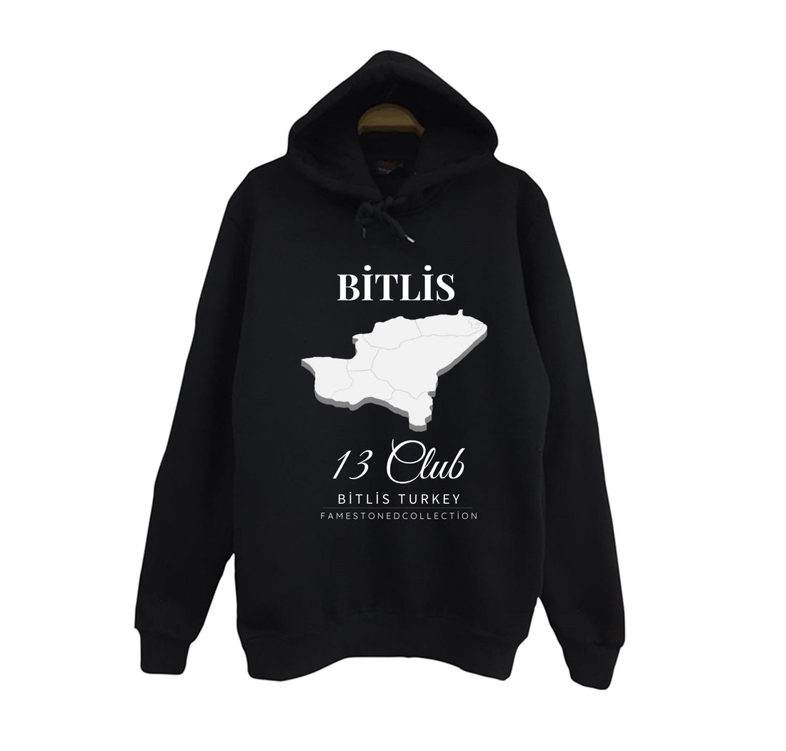 Bitlis 13 Nemrut Van Gölü Tatvan - Doğa - Şehir baskılı siyah kapüşonlu sweatshirt