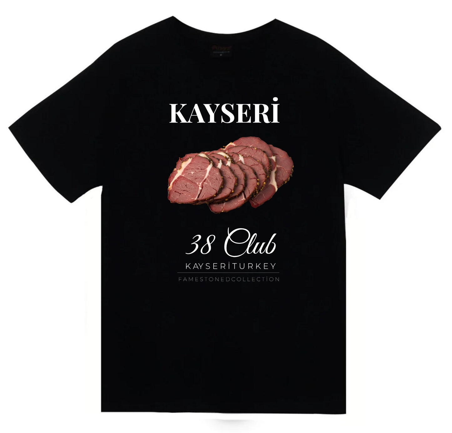 Kayseri 38 Erciyes Dağı Pastırma Şehir Baskılı Unisex %100 Pamuk Siyah T-shirt