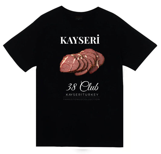 Kayseri 38 Erciyes Dağı Pastırma Şehir Baskılı Unisex %100 Pamuk Siyah T-shirt