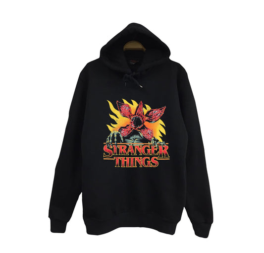 Stranger Things Demogorgon Baskılı Unisex %100 Pamuk Kapüşonlu Siyah Sweatshirt