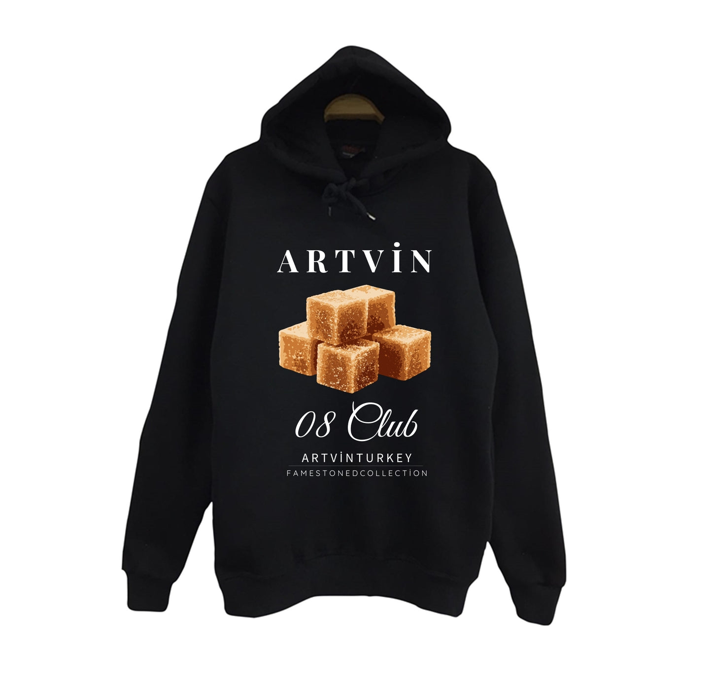 Artvin - 08 - Küp Şekeri - Şehir Baskılı Unisex %100 Pamuk Kapüşonlu Siyah Sweatshirt