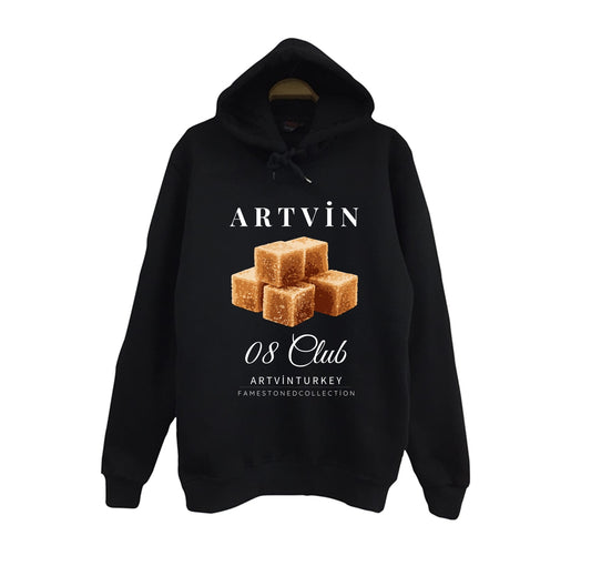 Artvin - 08 - Küp Şekeri - Şehir Baskılı Unisex %100 Pamuk Kapüşonlu Siyah Sweatshirt