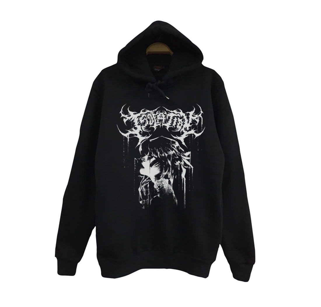 Gothic Black metal tarzı okunması baskılı siyah kapüşonlu sweatshirt