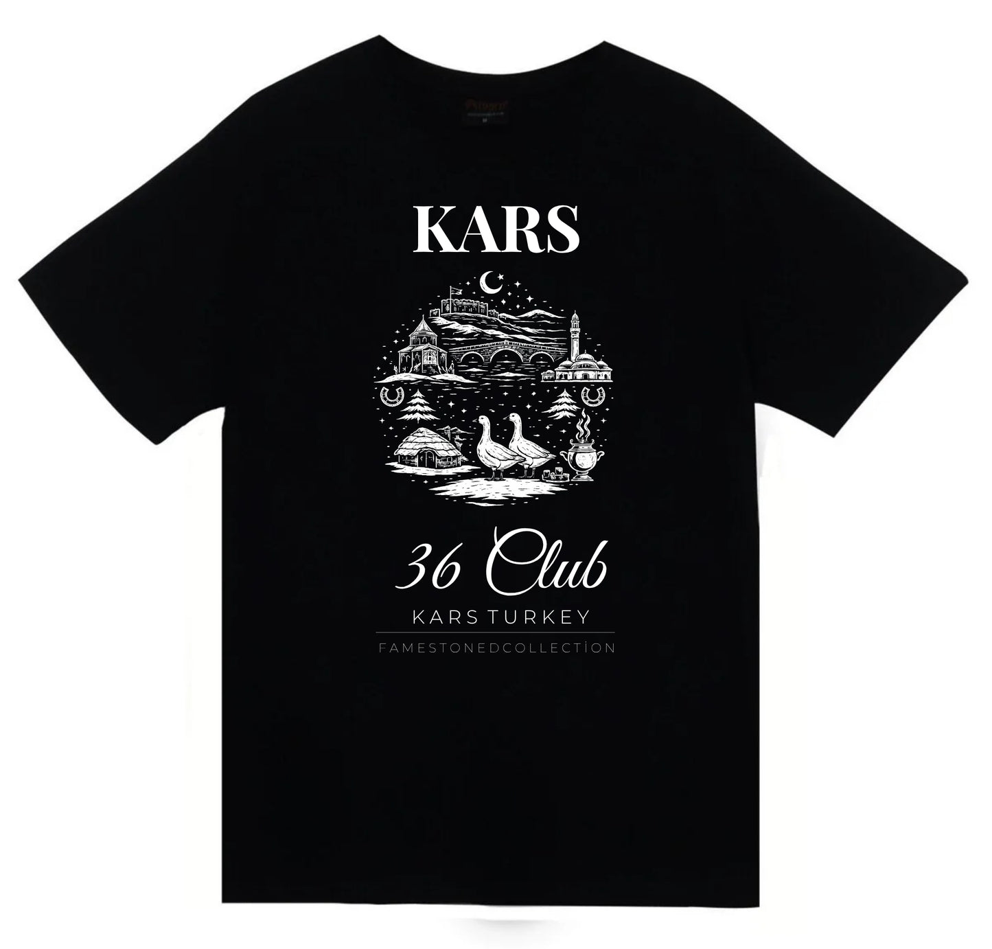 Kars 36 Ani Harabeleri Kars Kalesi Kaz Şehir Baskılı Unisex %100 Pamuk Siyah T-shirt