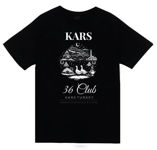 Kars 36 Ani Harabeleri Kars Kalesi Kaz Şehir Baskılı Unisex %100 Pamuk Siyah T-shirt