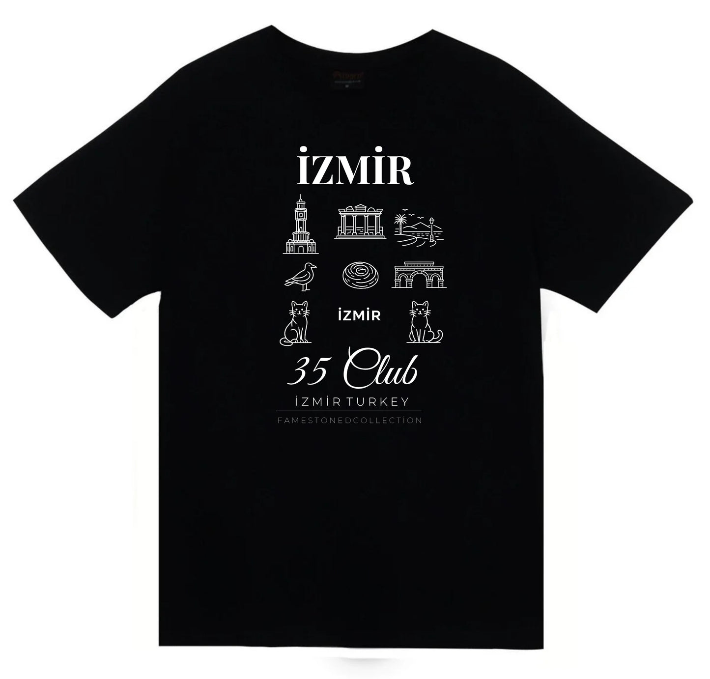 İzmir 35 Kordon Saat Kulesi Efes - Şehir Baskılı Unisex %100 Siyah T-shirt