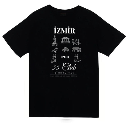İzmir 35 Kordon Saat Kulesi Efes - Şehir Baskılı Unisex %100 Siyah T-shirt