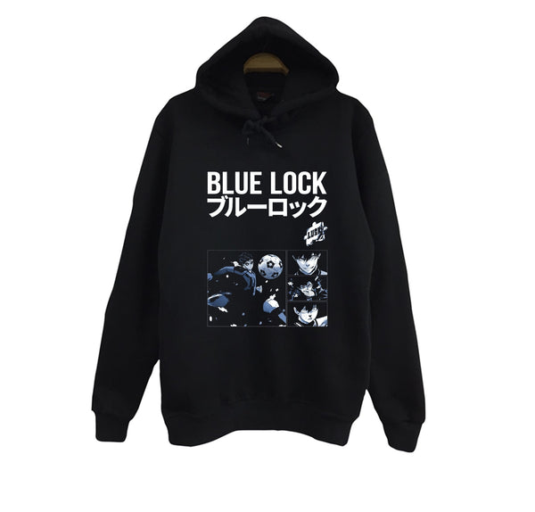 Blue Lock Anime baskılı siyah kapüşonlu sweatshirt