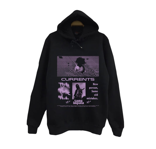 Tame Impala Müzik Grubu - Currents Baskılı Unisex %100 Pamuk Kapüşonlu Siyah Sweatshirt