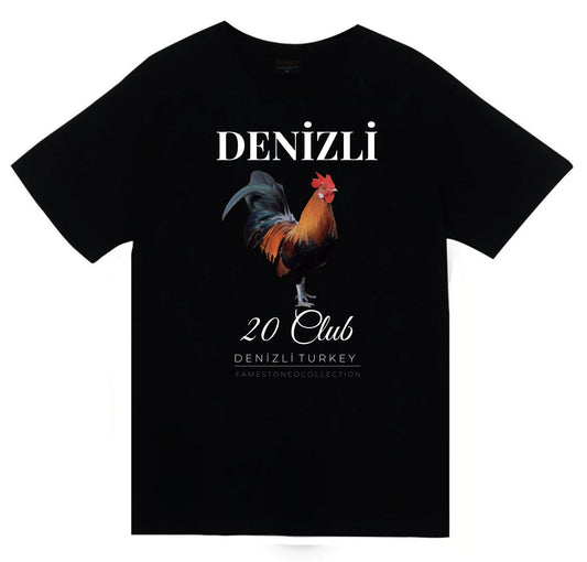 Denizli - 20 - Pamukkale - Horoz - Şehir Baskılı Unisex %100 Pamuk Siyah T-shirt